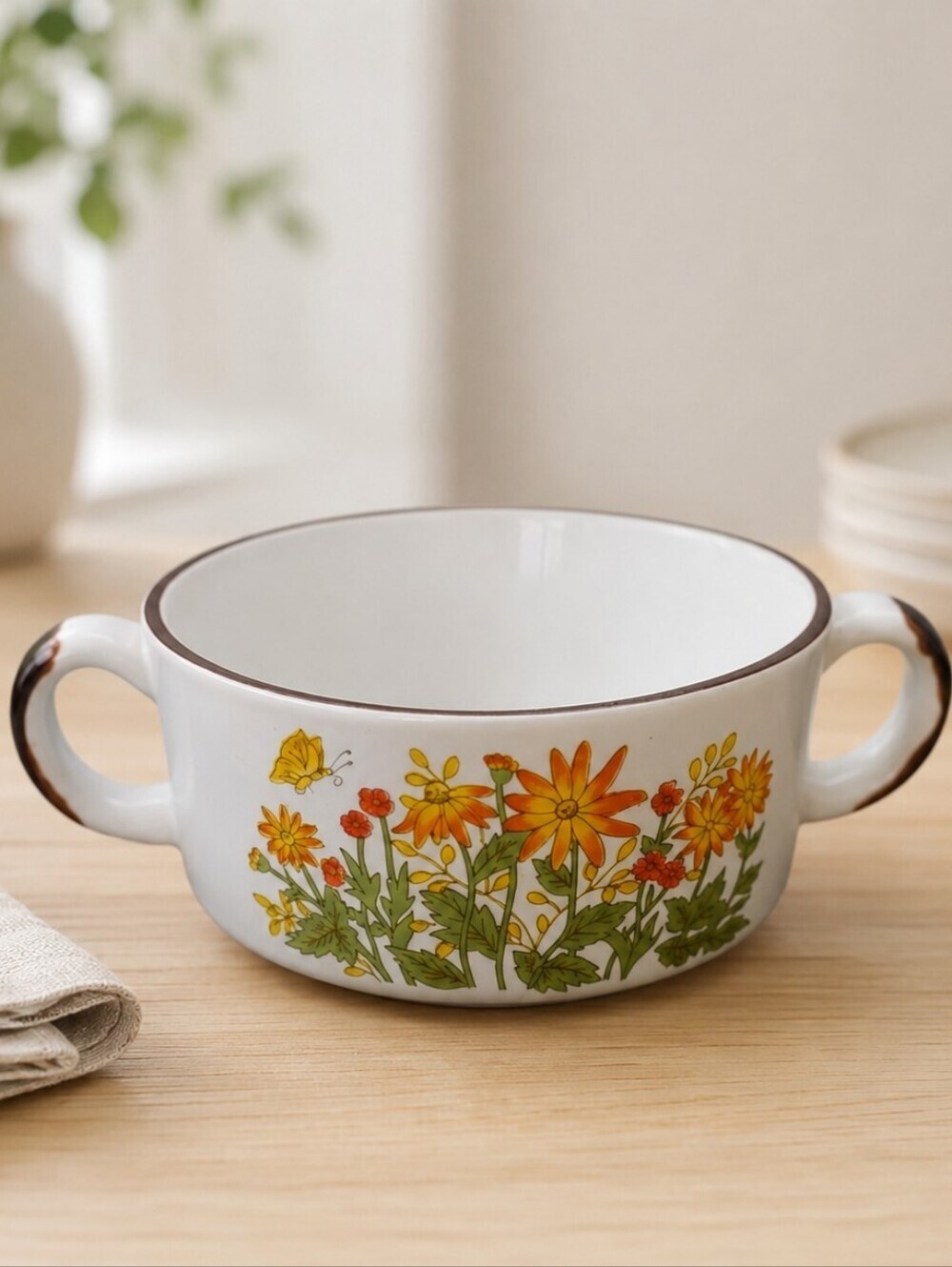 Vintage Stoneware Soup Bowl, 2 Handles Wildflowers